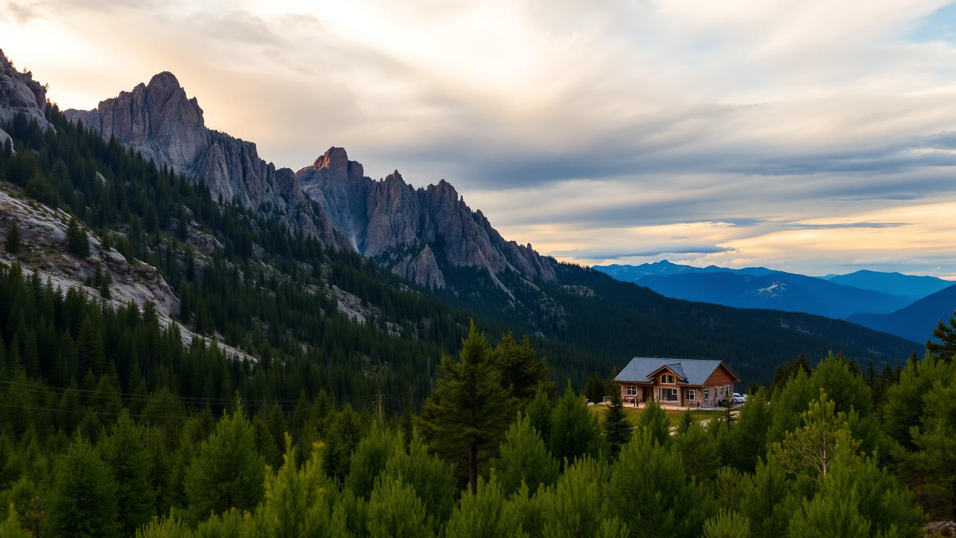Mountain ridge above a pine forest and rural home